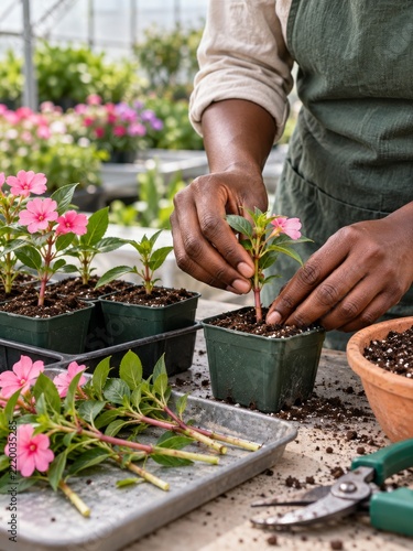 Hands planting a flowering cutting into a small greenhouse nursery pot