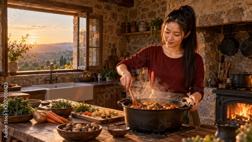 Woman preparing seasonal stew in a rustic stone kitchen at golden hour