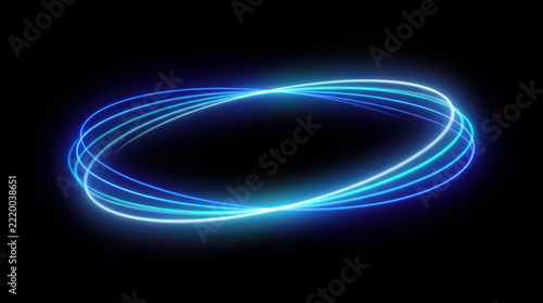 Abstract blue glowing light trail rings with neon streaks isolated on black background