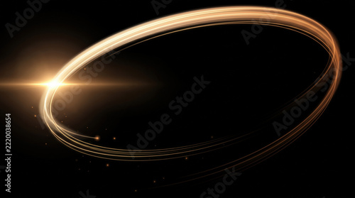 Abstract golden light trails with lens flare and glowing particles on black background