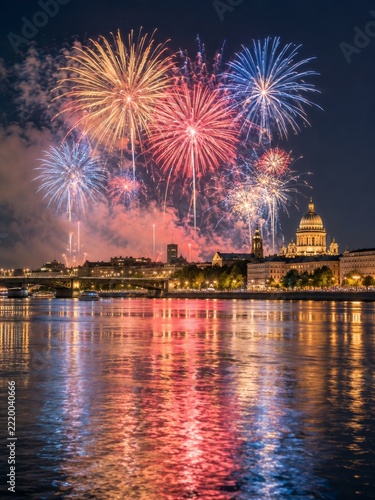 Colorful Fireworks Reflected in a River beside Illuminated Historic Buildings