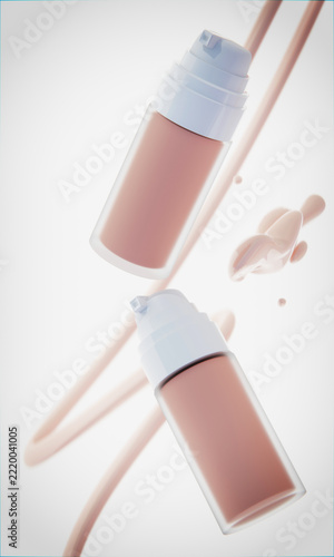 3d illustraion of cosmetic skincare beauty beige primer cusion foudation cream mockup, medical healthcare treatment, fashion of makeup, bottle tube of packaging