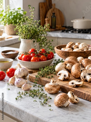 Fresh mushrooms and tomatoes arranged with garlic and thyme before cooking