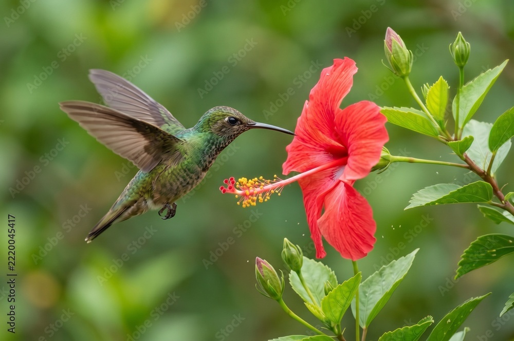 Fototapeta premium Iridescent green hummingbird extracting nectar from a vibrant red hibiscus (Hibiscus rosa-sinensis) in motion