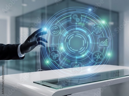 A professional businessman using a futuristic interface to achieve a holographic business boost for his modern corporate company growth