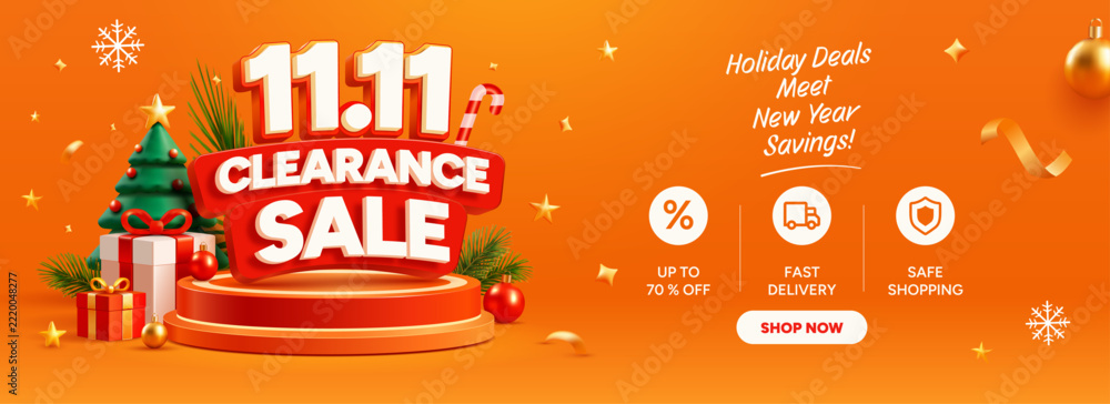 Fototapeta premium 11.11 Clearance Sale Banner with Christmas Festive Ornaments, Holiday Shopping Deals and Year End Savings