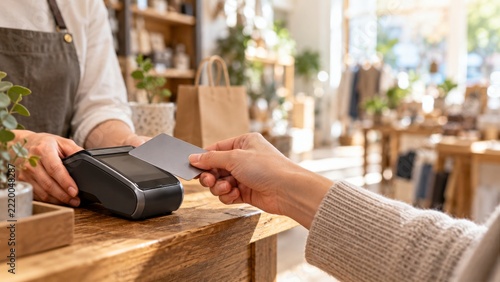 Customer Holding a Blank Bank Card above a Payment Terminal at a Small Shop C...