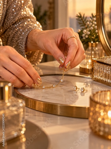 Gold Glitter Manicure and Delicate Jewelry on a Warm Evening Vanity