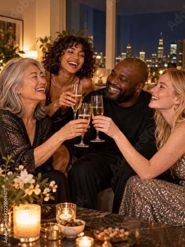 Four Friends Sharing a Joyful Midnight Toast beside Glowing City Lights