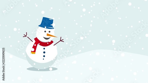 Animated snowman character waving during snowfall