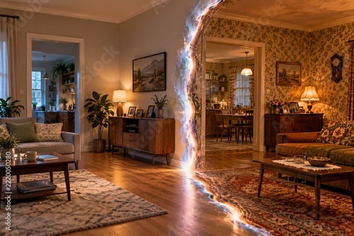 Living room split by a glowing energy portal between a modern interior and a vintage retro room with floral wallpaper