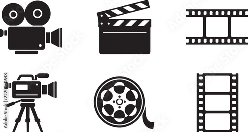 Set of black film industry icons including cameras clapperboard and motion picture film strip