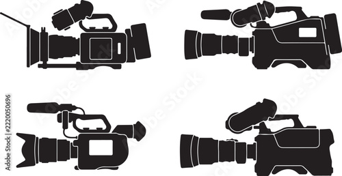 Set of black silhouettes of professional camcorders with video camera recording equipment isolated