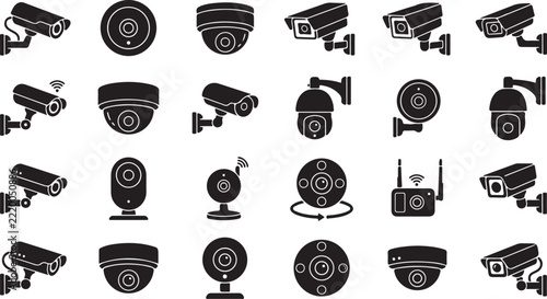 Set of modern security surveillance and cctv camera icons for home and business protection