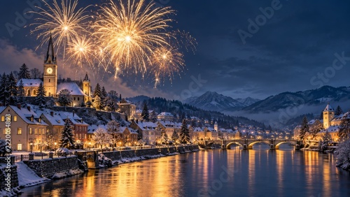 Golden Fireworks Above a Snow Covered Riverside Town and Clock Tower