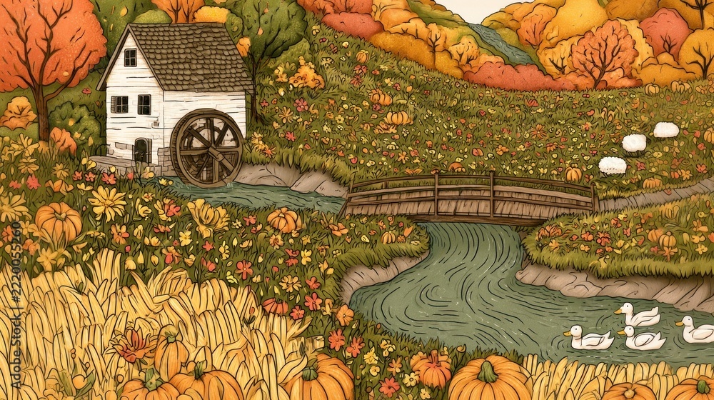 Fototapeta premium Charming autumn landscape with mill and flowing stream.