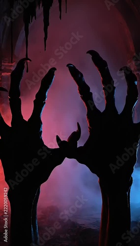 Shadow of a scary hand emerges and moves against a dark backdrop with mist and colored lighting