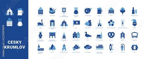 Colored filled vector icon set for Cesky Krumlov tourism, travel and city landmarks.