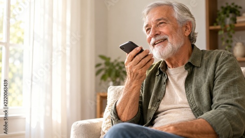 Retired Man Recording a Friendly Voice Message Beside a Sunlit Window