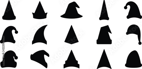 Collection of various black silhouette hats for christmas and festive holiday party design elements