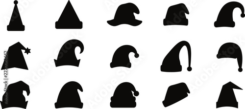 Collection of various santa claus hat silhouettes isolated on a white background for holiday design