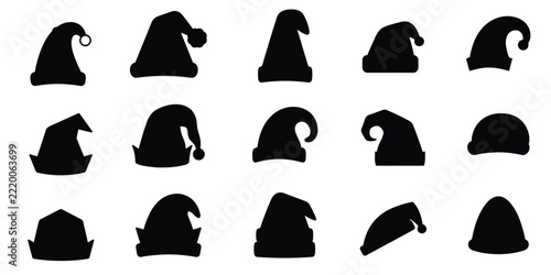 Collection of various santa claus hat silhouettes isolated on a white background for christmas design