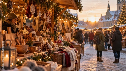 Handmade gifts and knitted scarves at a glowing winter fair sunset