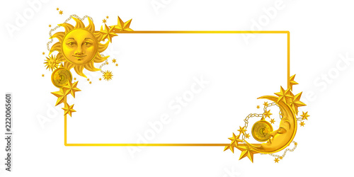 Rectangular banner with golden borders and the Sun, crescent moon and stars in the corners