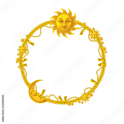 Hand drawn Circle frame with golden cord borders with Tassels and the Sun, Moon and stars