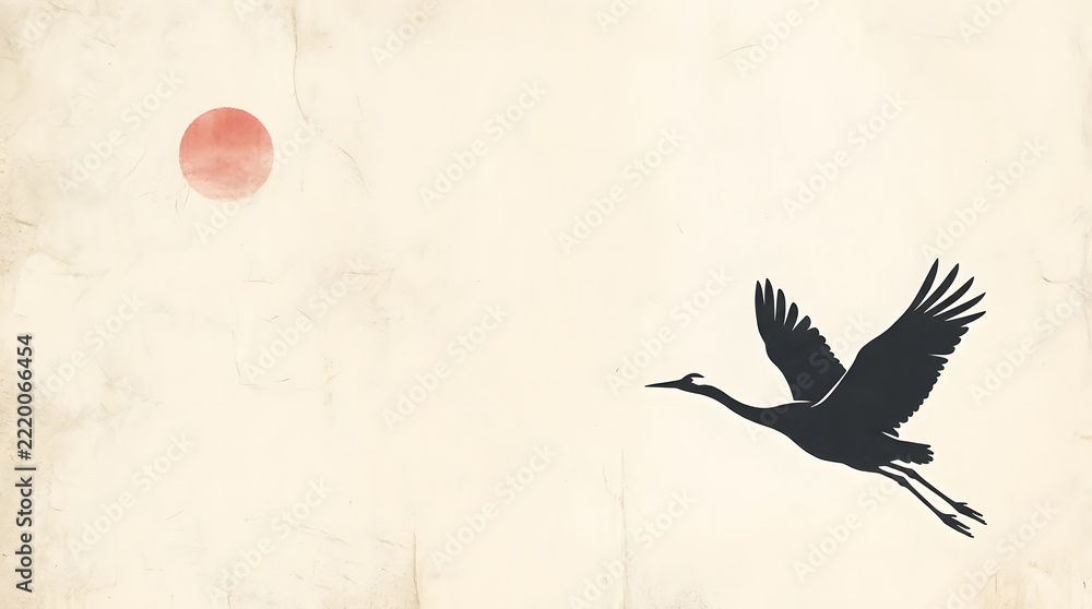 Fototapeta premium Japanese style illustration of a crane flying before a red sun