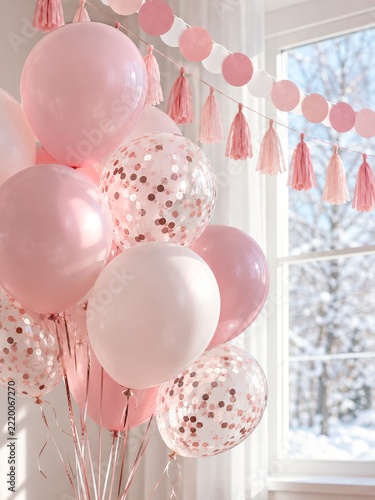 Soft Pink Balloons and Paper Tassel Garlands Beside a Winter Window