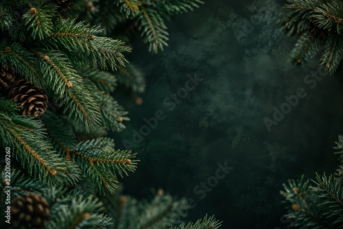 Moody Green Pine Branches Framing a Dark Christmas Background with Copy Space