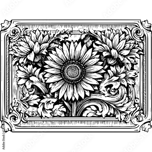 Vintage Engraved Sunflowers with Ornate Baroque Frame - Black and White Line Art Illustration