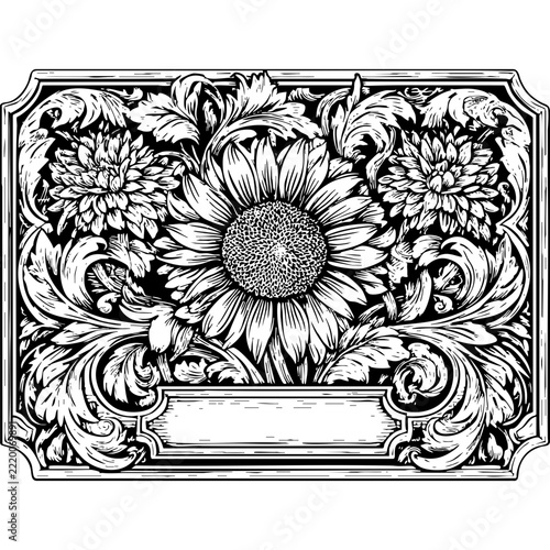 Vintage Engraved Sunflowers with Ornate Baroque Frame - Black and White Line Art Illustration