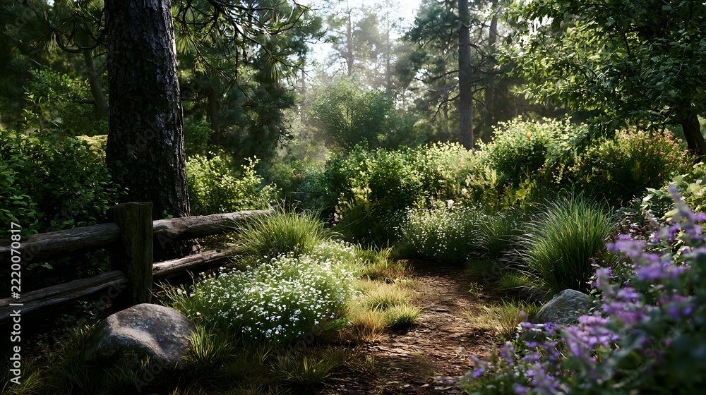 Fototapeta premium A sunlit forest garden path winding through lush greenery wildflowers and tall trees with a rustic wooden fence