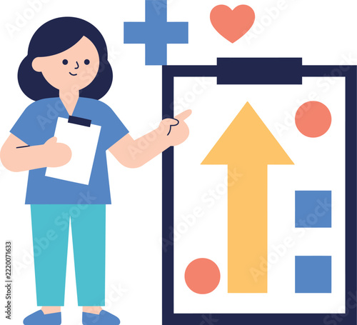 Female doctor presenting growth chart with medical symbols isolated on transparent background