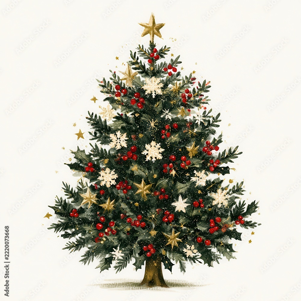 Naklejka premium Festive decorated Christmas tree with gold stars, red berries, white ornaments