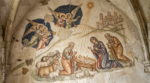 Joyful biblical Nativity scene with infant Jesus clearly visible in a fresh-straw manger, Mary and Joseph kneeling reverently, gentle sheep, lambs, goats and a young calf resting around them, radiant 