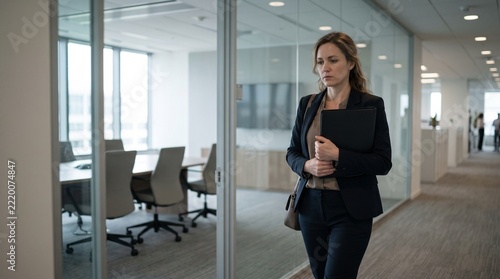 Upset businesswoman walking out of a corporate meeting room holding a folder feeling stressed and concerned