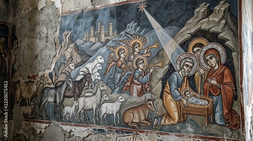 Joyful biblical Nativity scene with infant Jesus clearly visible in His wooden manger filled with fresh straw, Mary and Joseph kneeling in adoration, gentle sheep, lambs, goats and a young calf restin