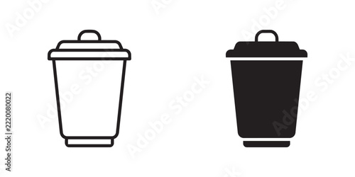 Trash Can Icon Set in Line and Silhouette Style, Trash Bin Vector Graphic, Waste Management Symbol for User Interface Design