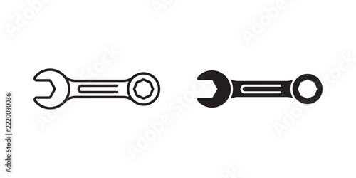 Minimalist wrench icon vector, black and white mechanic spanner set, hardware tool for repair and construction projects