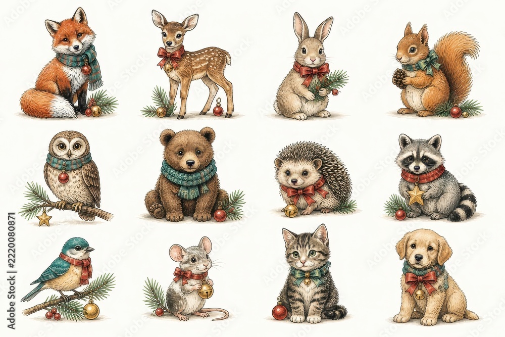 Fototapeta premium Cute woodland animals in festive winter holiday illustrations