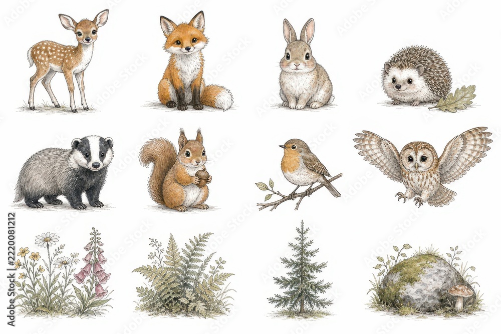 Fototapeta premium Hand drawn woodland animals and forest plants illustration set