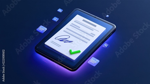 3D render of a digital tablet displaying a signed contract with a green checkmark on dark blue