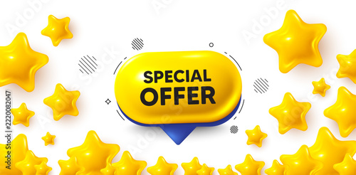 Special offer winner banner with 3d stars. Golden stars banner. Special offer 3d bubble banner. Yellow chat text box. Price tag icon. Review rate background. Vector