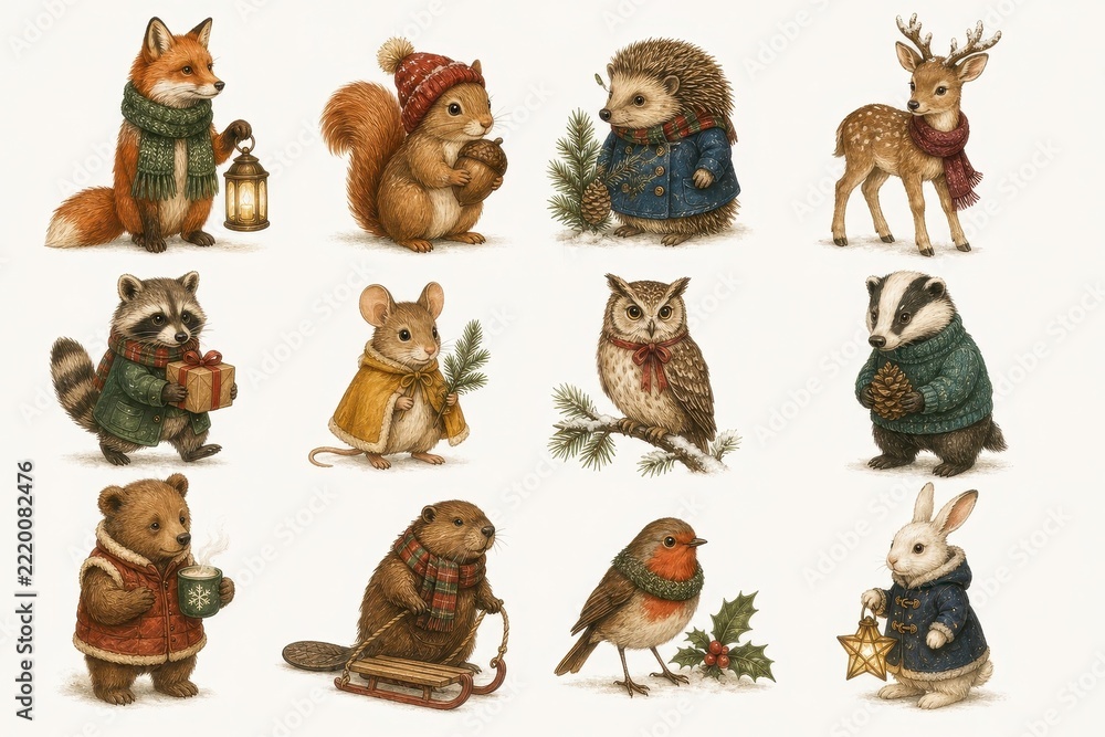 Fototapeta premium Cozy winter woodland animals with scarves, gifts, lanterns