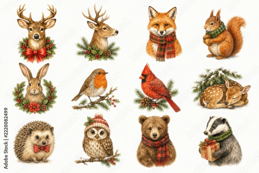 Fototapeta premium Cute woodland animals holiday clipart with winter wreaths