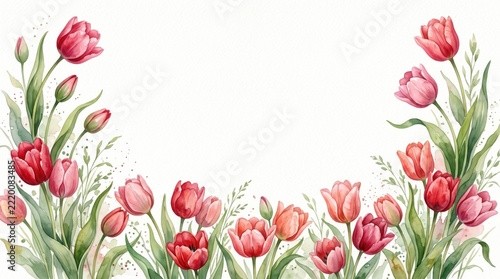 Watercolor Red Pink Tulip Floral Frame Border Background with Copy Space   