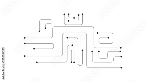 Minimal Black Circuit Board Lines and Electronic Connection Nodes on White Background. Abstract Technology Circuit Lines with Rounded Paths and Black Connection Points. 